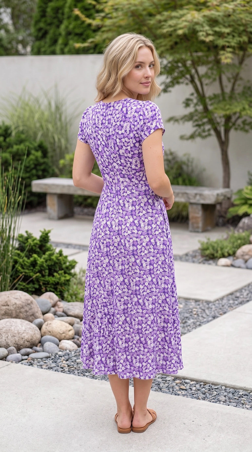Women’s Short Sleeve V Neck Belted Floral Print A Line Midi Dress
