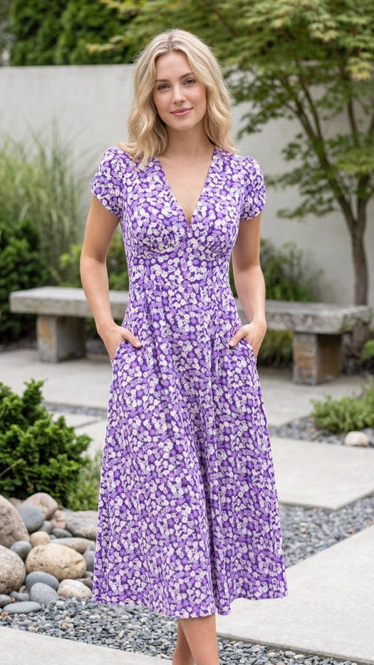 Women’s Short Sleeve V Neck Belted Floral Print A Line Midi Dress