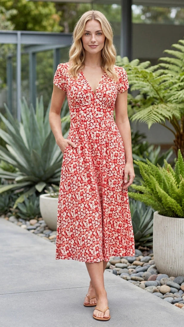 Women’s Short Sleeve V Neck Belted Floral Print A Line Midi Dress