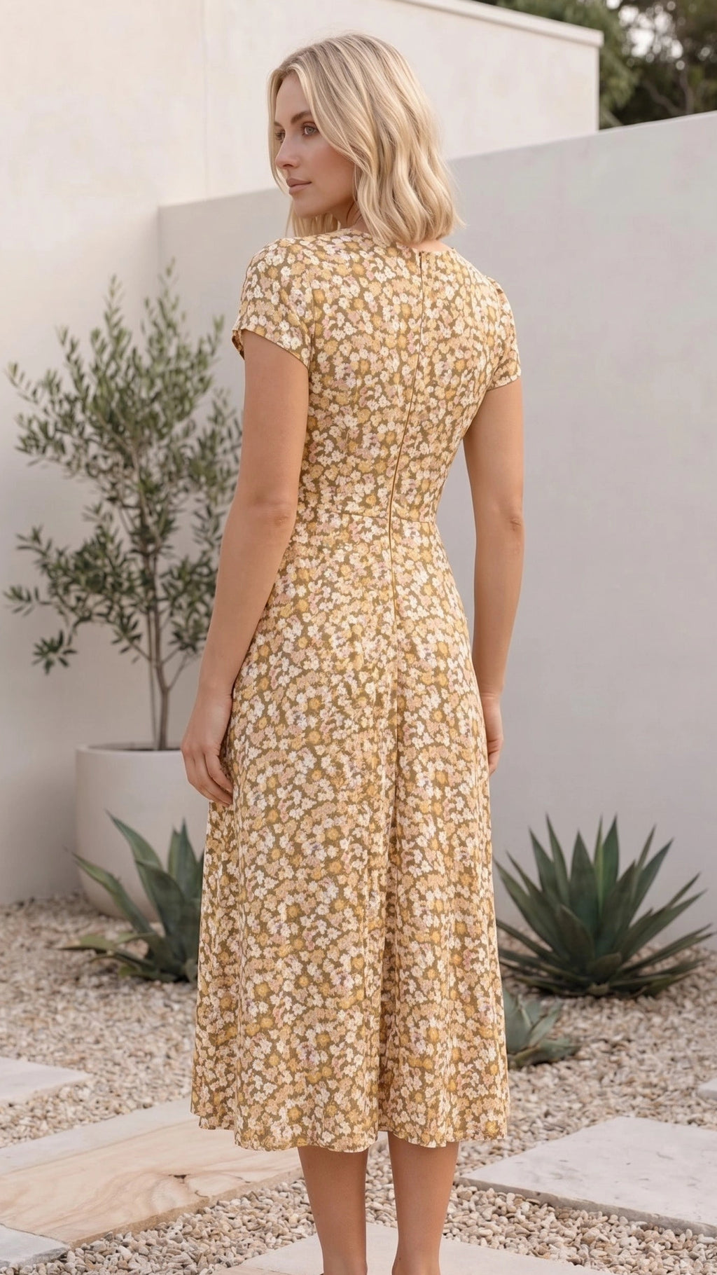 Women’s Short Sleeve V Neck Belted Floral Print A Line Midi Dress
