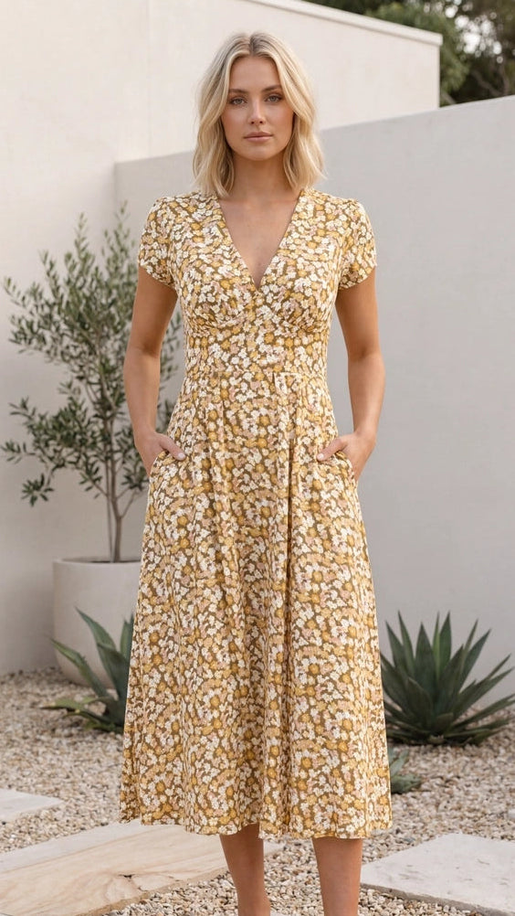 Women’s Short Sleeve V Neck Belted Floral Print A Line Midi Dress