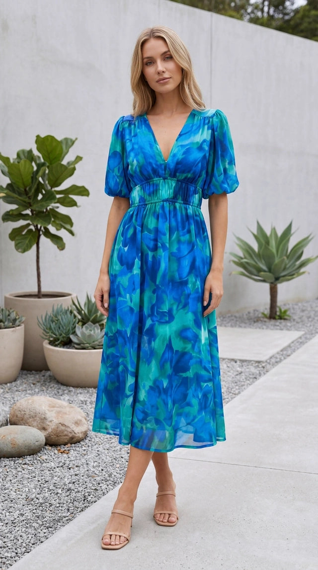 Women’s Short Sleeve V Neck Floral Print A Line Maxi Dress