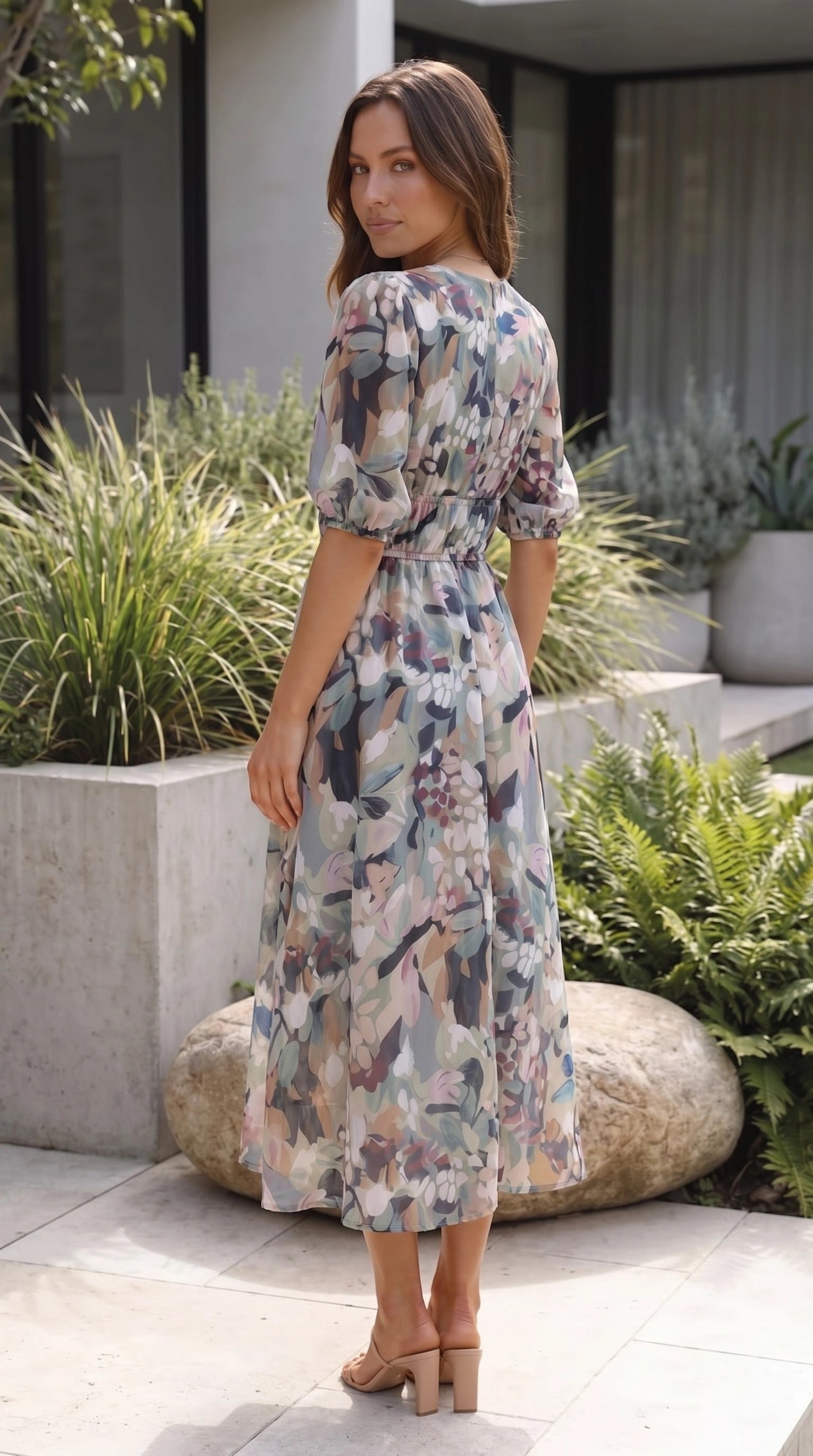 Women’s Short Sleeve V Neck Floral Print A Line Maxi Dress