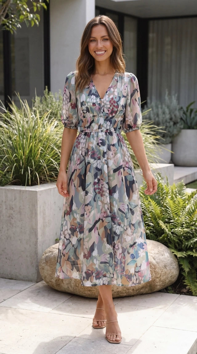 Women’s Short Sleeve V Neck Floral Print A Line Maxi Dress