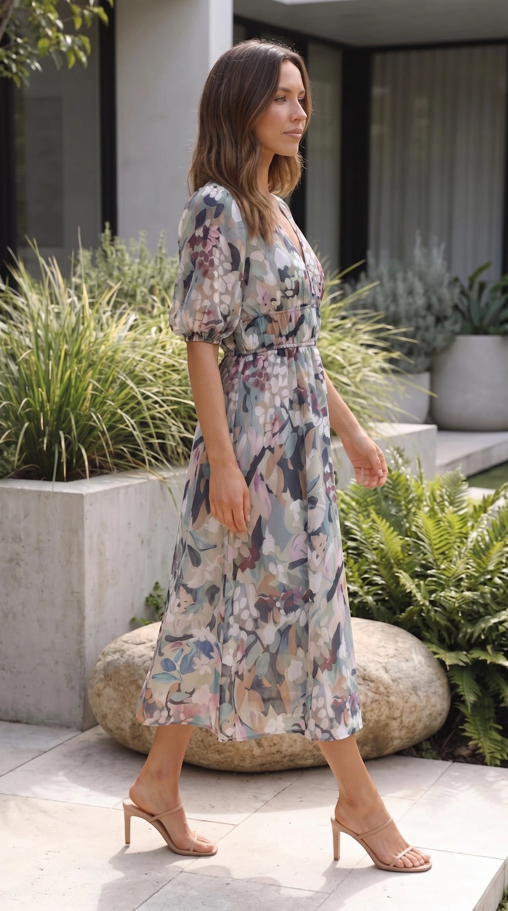 Women’s Short Sleeve V Neck Floral Print A Line Maxi Dress