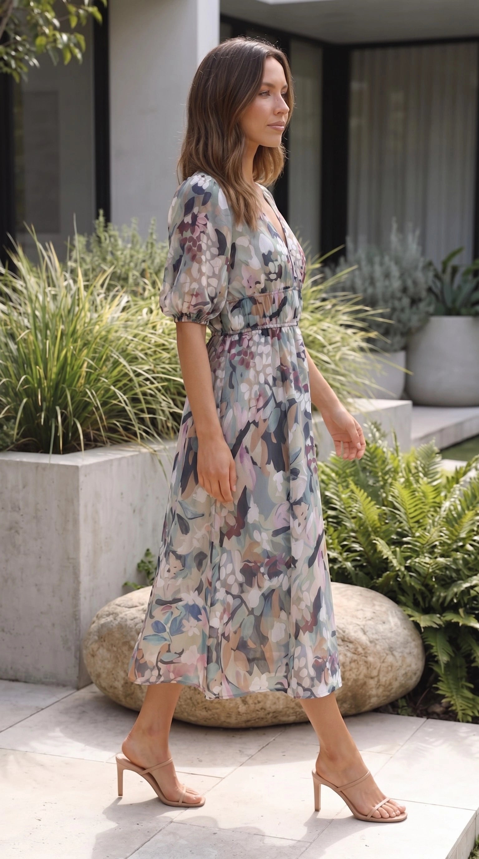 Women’s Short Sleeve V Neck Floral Print A Line Maxi Dress