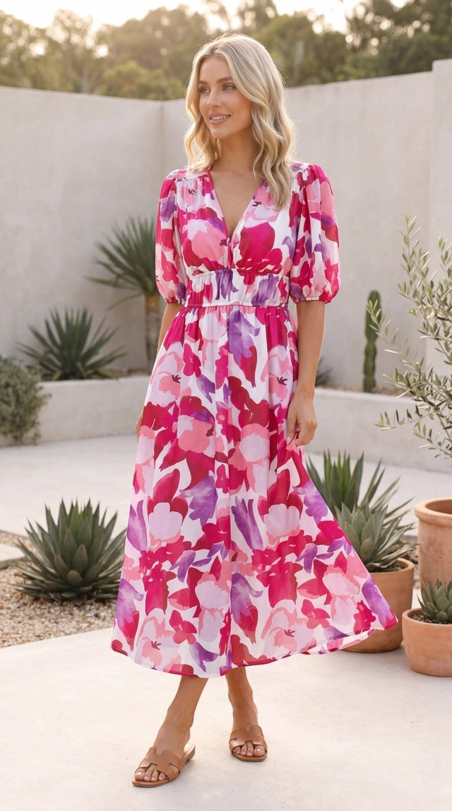 Women’s Short Sleeve V Neck Floral Print A Line Maxi Dress