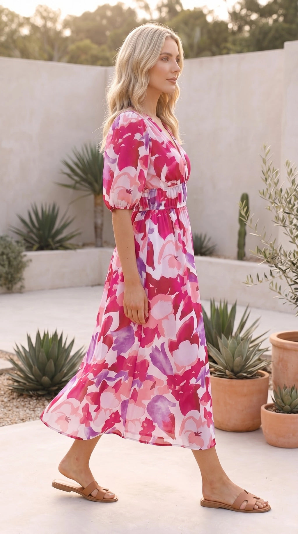 Women’s Short Sleeve V Neck Floral Print A Line Maxi Dress