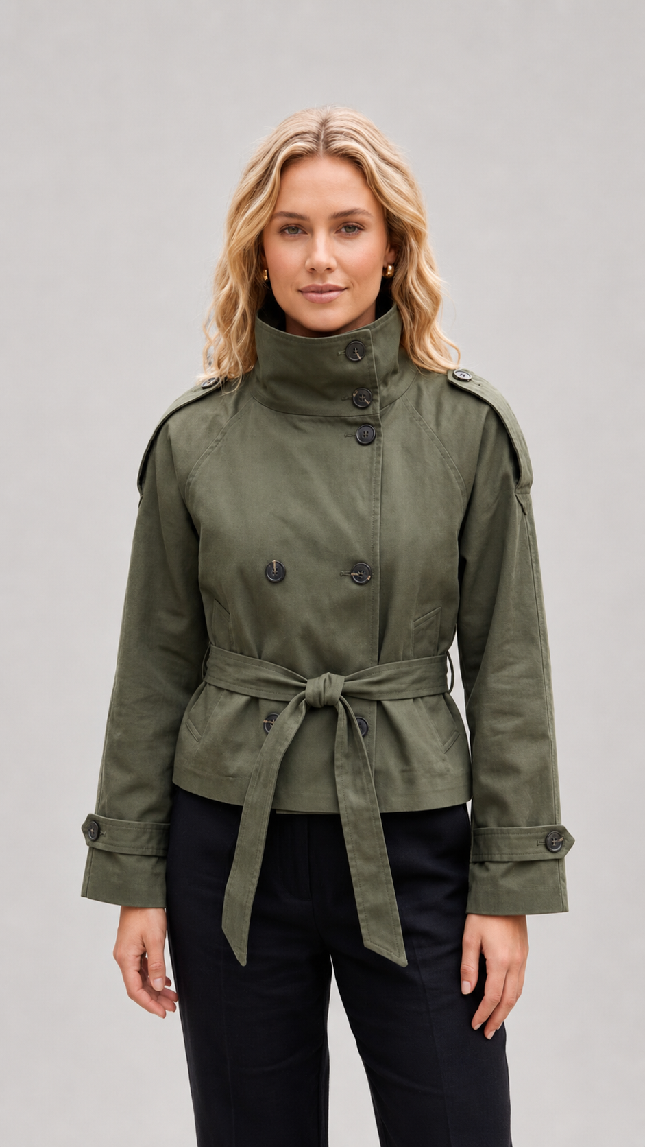 Women's Short Trench Coat | Double Breasted Belted Stand Collar Cropped Jacket