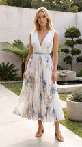 Women’s Sleeveless Deep V Neck Floral Print Pleated Midi Dress