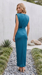 Women's Plunge V Neck Sleeveless Ruched Front Split Maxi Dress