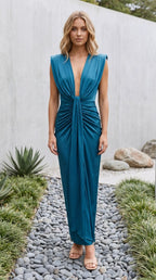 Women's Plunge V Neck Sleeveless Ruched Front Split Maxi Dress