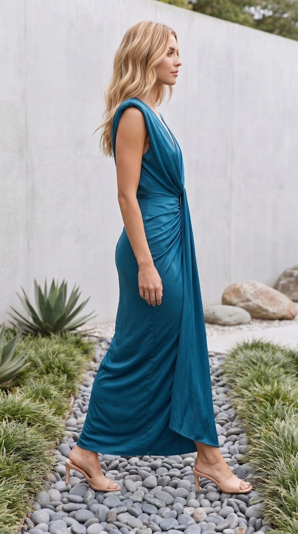 Women's Plunge V Neck Sleeveless Ruched Front Split Maxi Dress