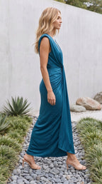 Women's Plunge V Neck Sleeveless Ruched Front Split Maxi Dress