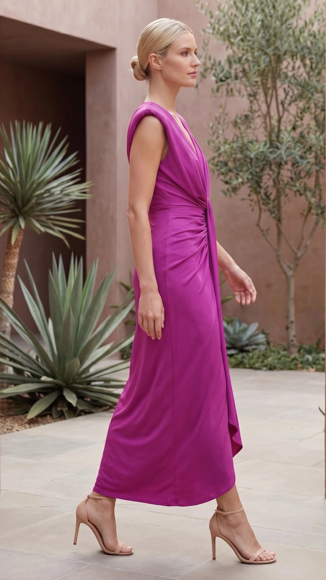 Women's Plunge V Neck Sleeveless Ruched Front Split Maxi Dress