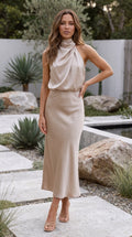 Women's Halter Neck Draped Twist Front Satin Bias Cut Midi Dress
