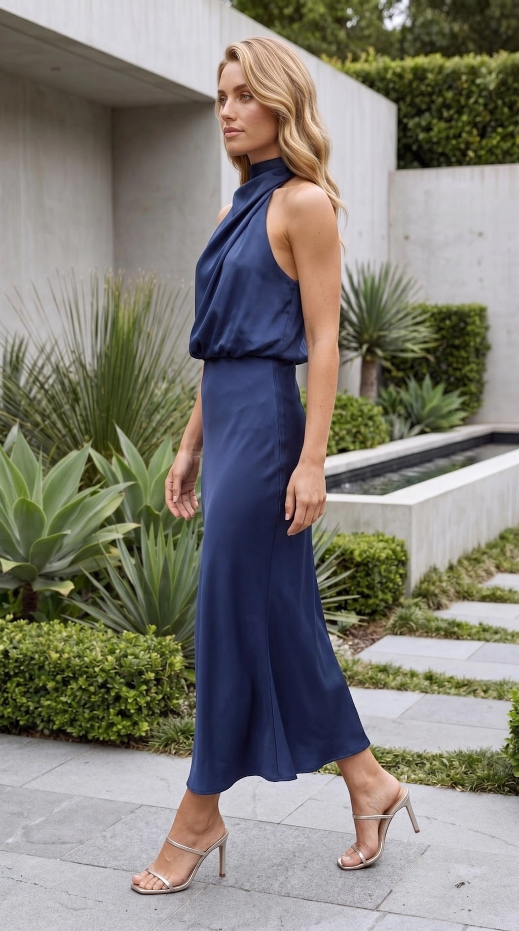 Women's Halter Neck Draped Twist Front Satin Bias Cut Midi Dress