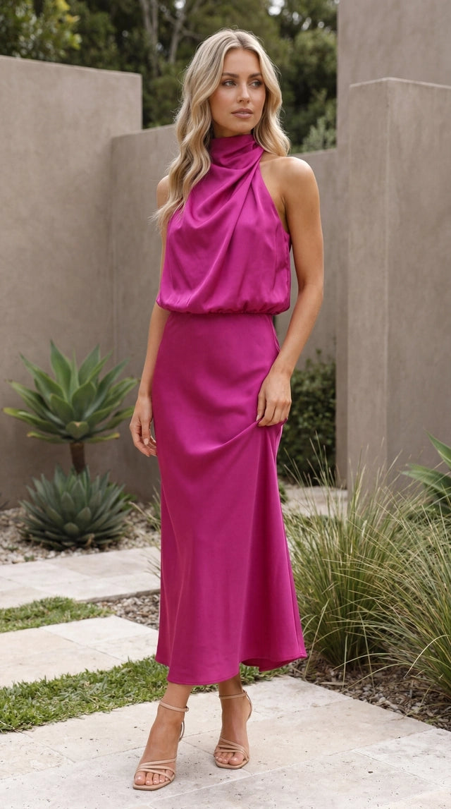 Women's Halter Neck Draped Twist Front Satin Bias Cut Midi Dress