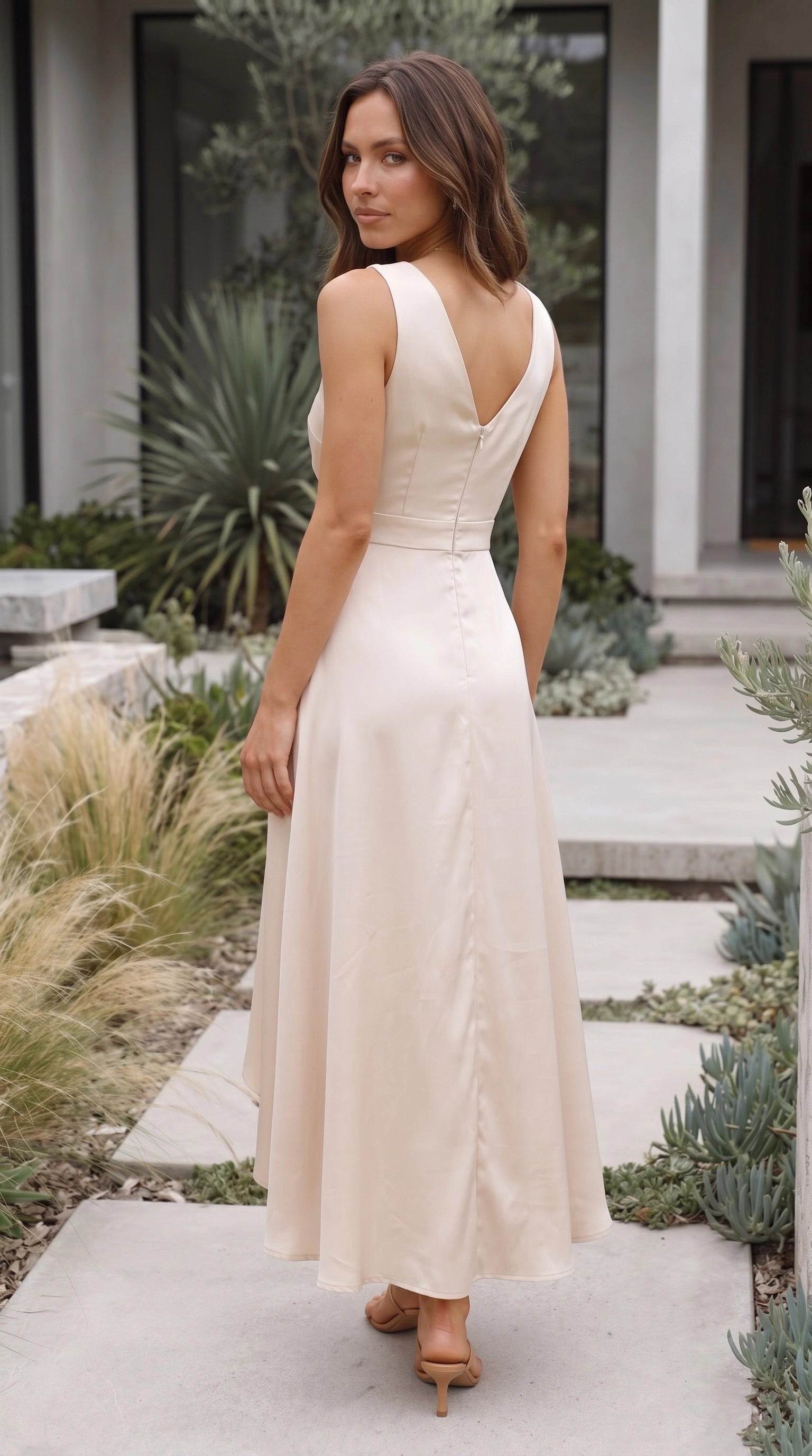 Women's Sleeveless V Neck Wrap Front Hi-Lo Midi Dress