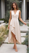 Women's Sleeveless V Neck Wrap Front Hi-Lo Midi Dress