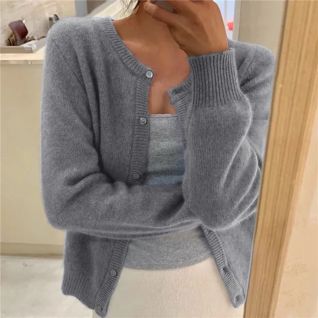 Women's Soft Knit Cardigan | Round Neck Button Front Cropped Cardigan 1