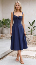 Women’s Spaghetti Strap Corset Bustier Tie Front A Line Midi Dress