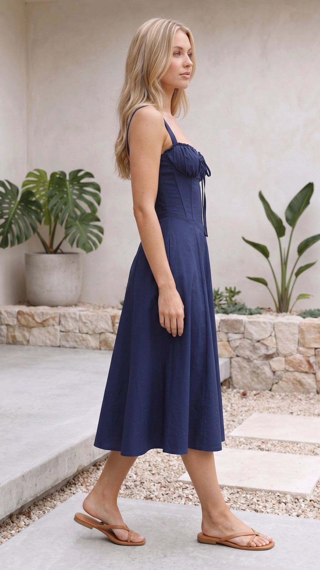 Women’s Spaghetti Strap Corset Bustier Tie Front A Line Midi Dress