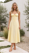 Women’s Spaghetti Strap Corset Bustier Tie Front A Line Midi Dress