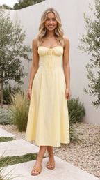Women’s Spaghetti Strap Corset Bustier Tie Front A Line Midi Dress