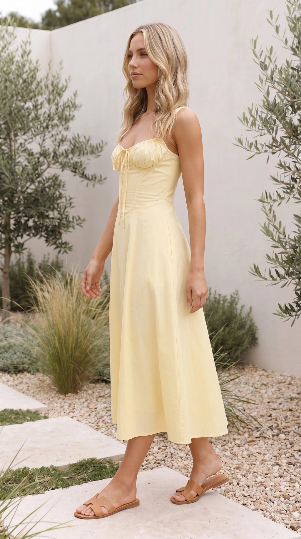 Women’s Spaghetti Strap Corset Bustier Tie Front A Line Midi Dress
