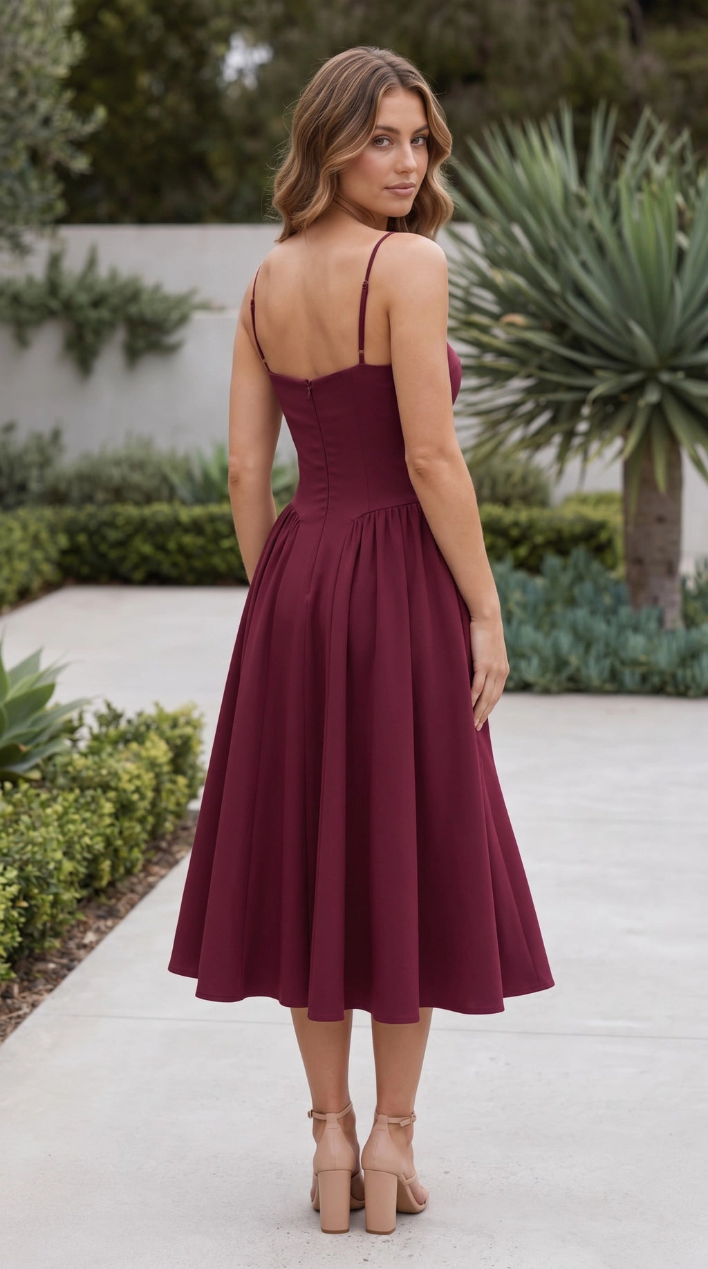 Women’s Spaghetti Strap Sweetheart Neck Fit And Flare Midi Dress