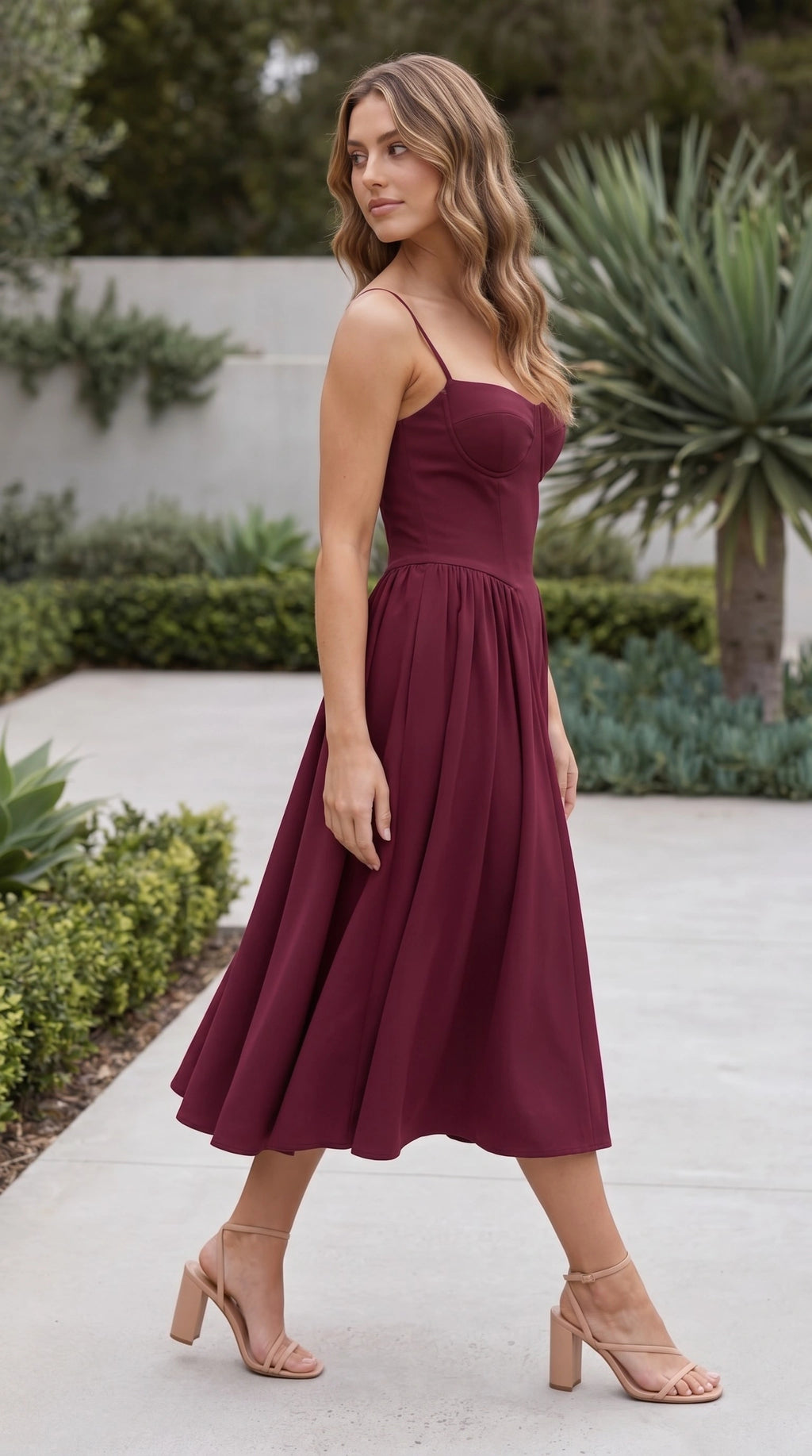 Women’s Spaghetti Strap Sweetheart Neck Fit And Flare Midi Dress