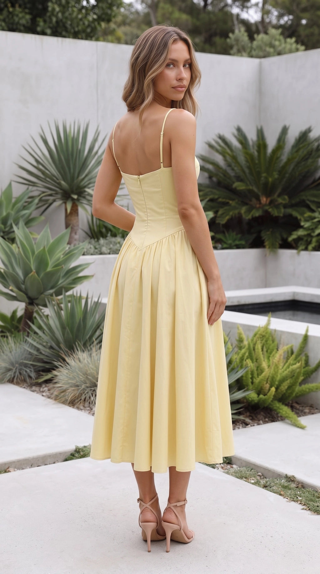 Women’s Spaghetti Strap Sweetheart Neck Fit And Flare Midi Dress