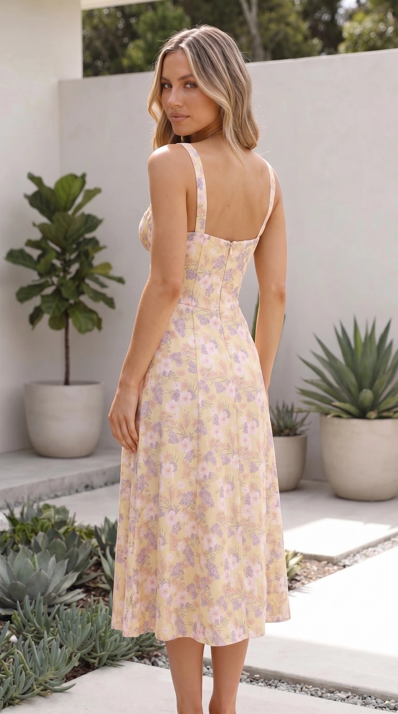 Women’s Sweetheart Neck Floral Print Side Split Midi Dress