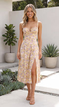 Women’s Sweetheart Neck Floral Print Side Split Midi Dress