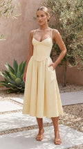 Women’s Spaghetti Strap Sweetheart Neck Fit and Flare Pleated Midi Dress
