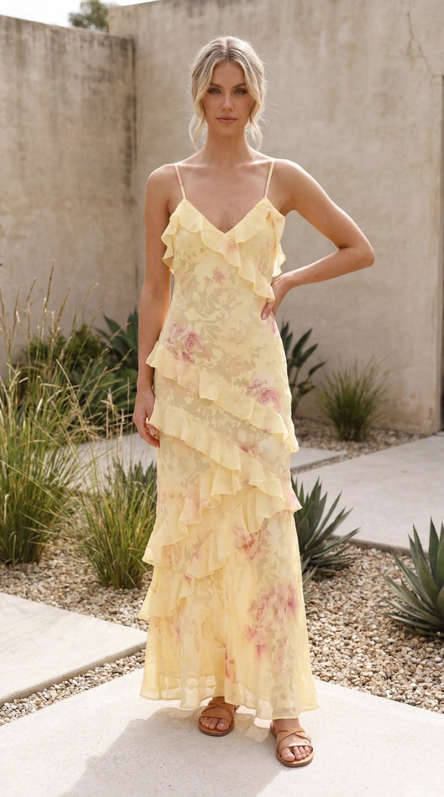 Women’s Spaghetti Strap V Neck Floral Ruffle Layered Maxi Dress