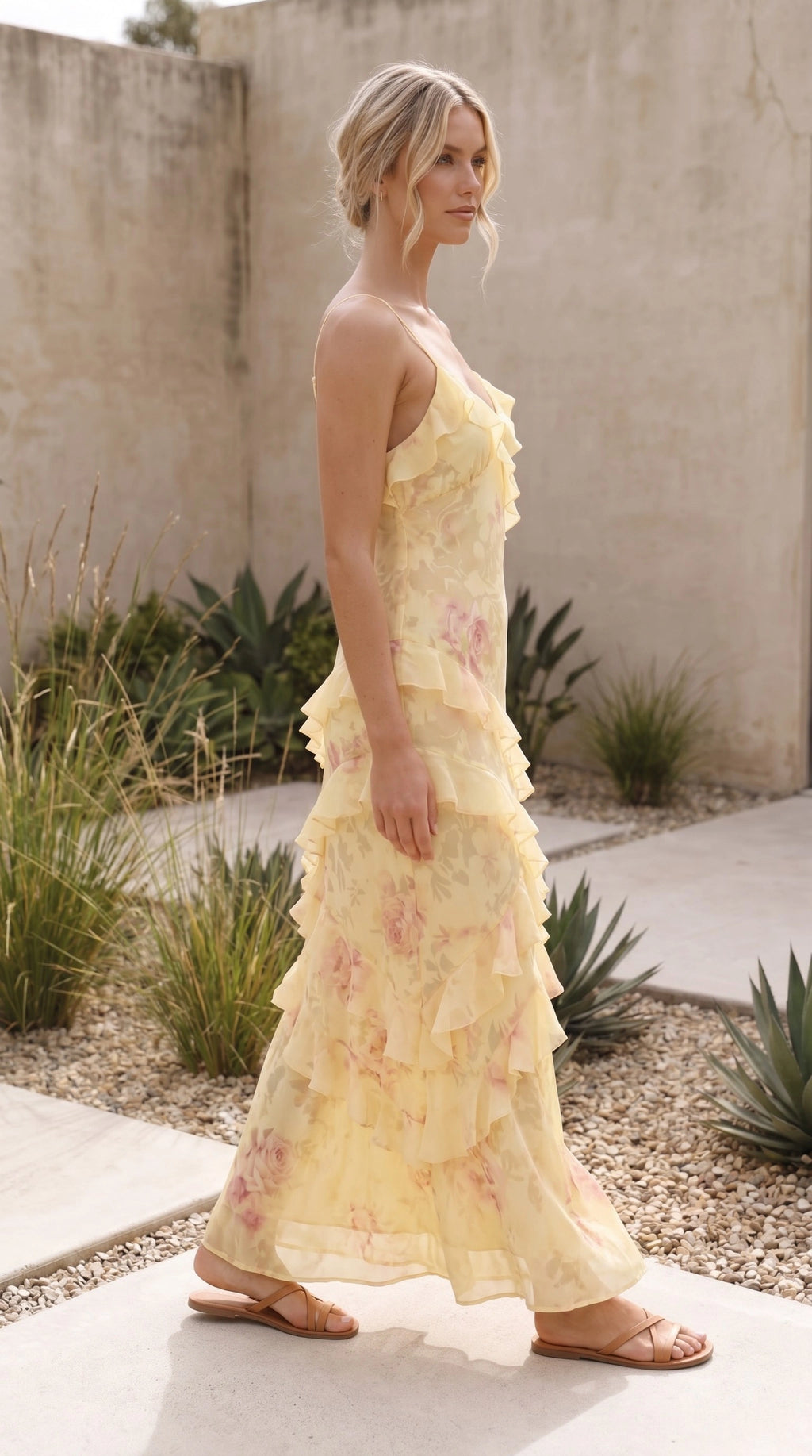Women’s Spaghetti Strap V Neck Floral Ruffle Layered Maxi Dress