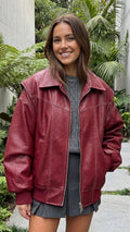 Women's Zip Front Faux Leather Oversized Bomber Jacket