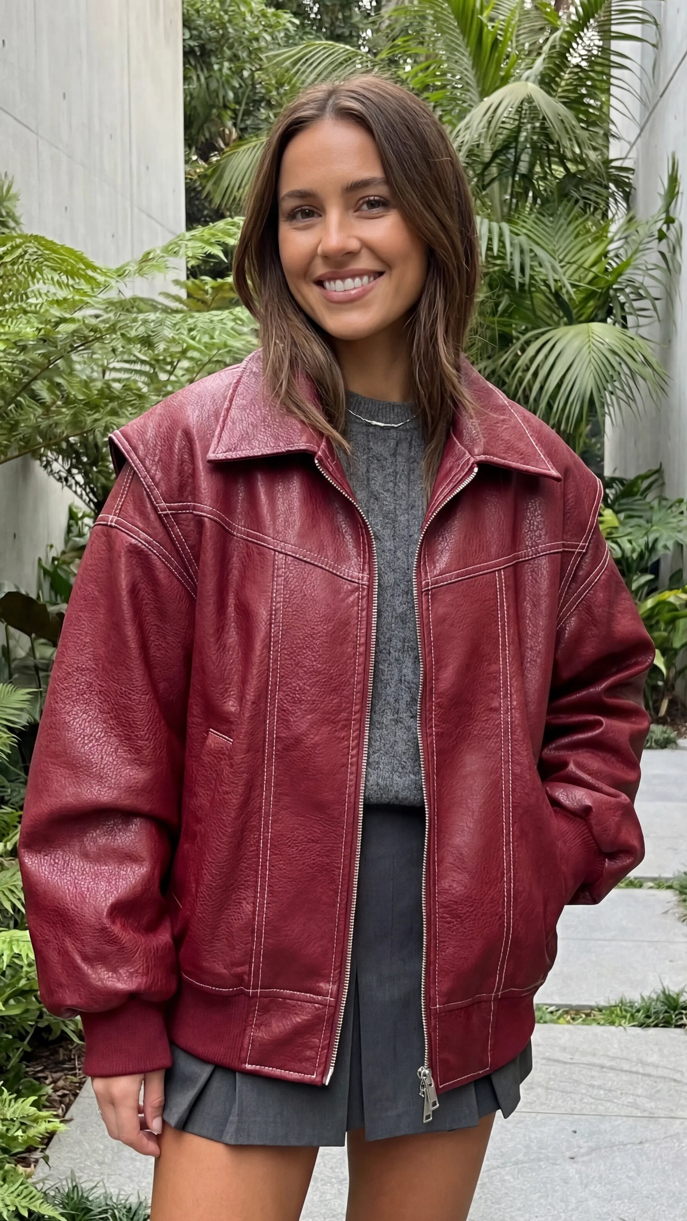 Women's Zip Front Faux Leather Oversized Bomber Jacket