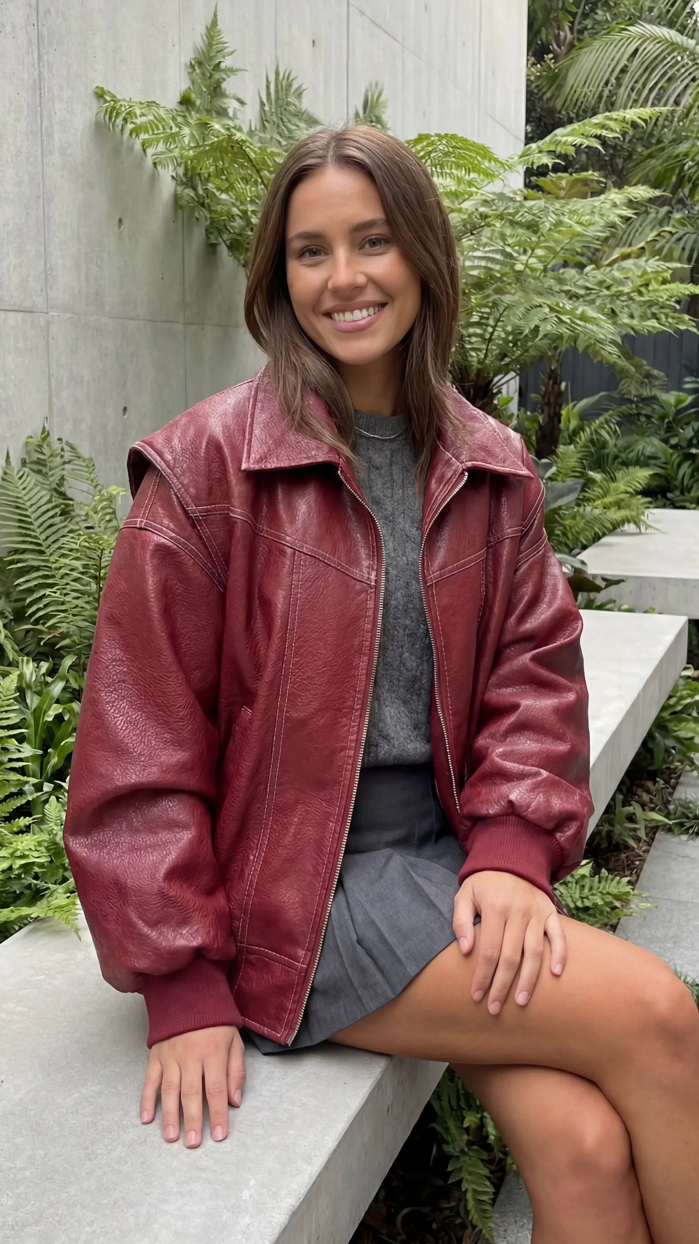 Women's Zip Front Faux Leather Oversized Bomber Jacket
