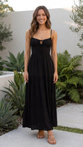 Women’s Square Neck Cut-Out Tiered Maxi Dress with Spaghetti Straps