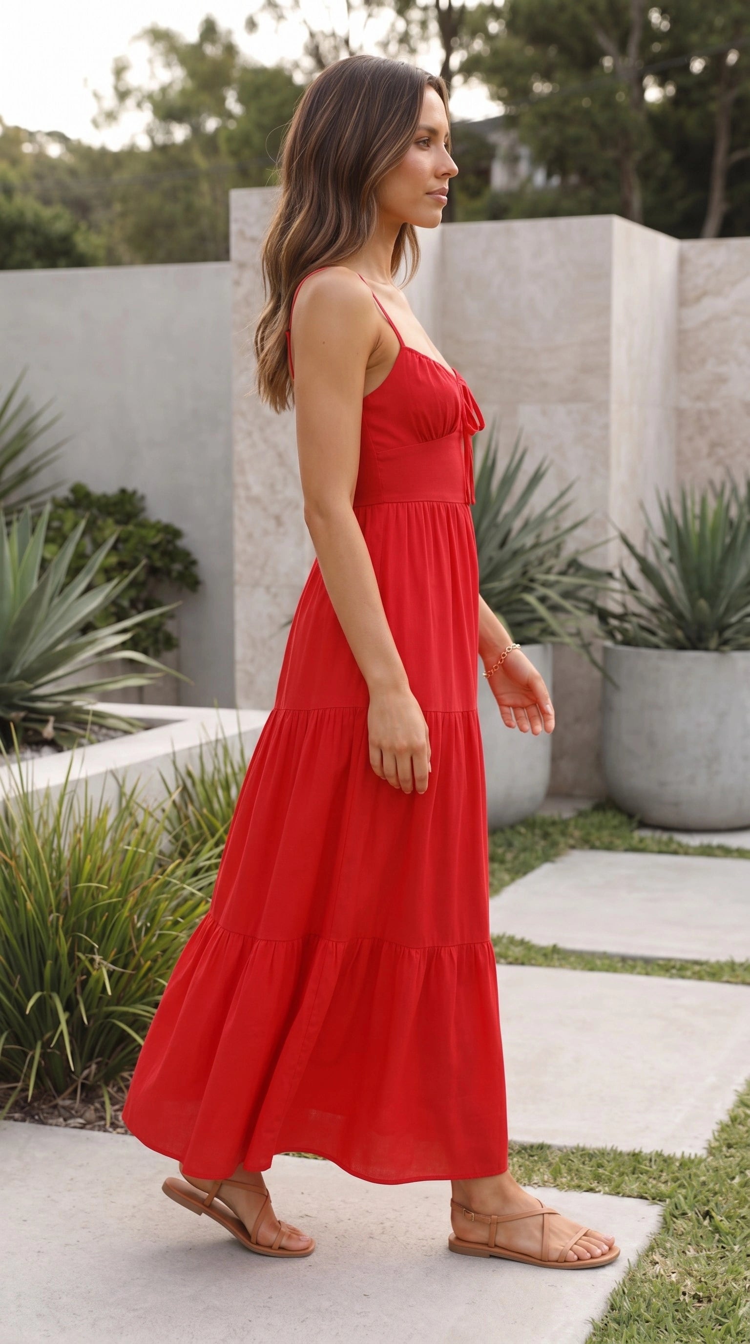 Women’s Square Neck Cut-Out Tiered Maxi Dress with Spaghetti Straps