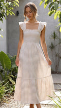 Women’s Square Neck Smocked Gingham Ruffle Sleeve A Line Maxi Dress