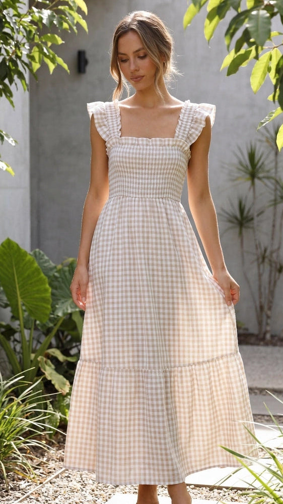 Women’s Square Neck Smocked Gingham Ruffle Sleeve A Line Maxi Dress