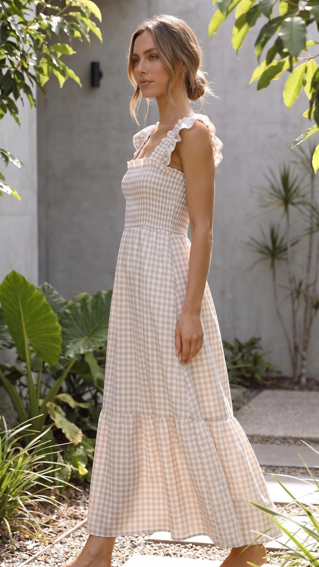 Women’s Square Neck Smocked Gingham Ruffle Sleeve A Line Maxi Dress