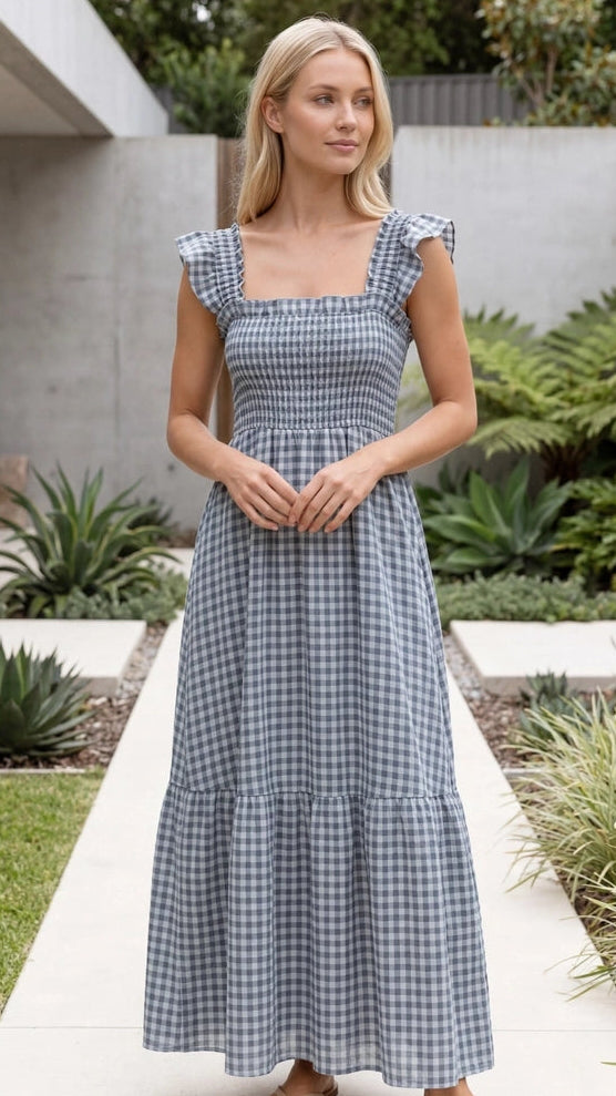 Women’s Square Neck Smocked Gingham Ruffle Sleeve A Line Maxi Dress