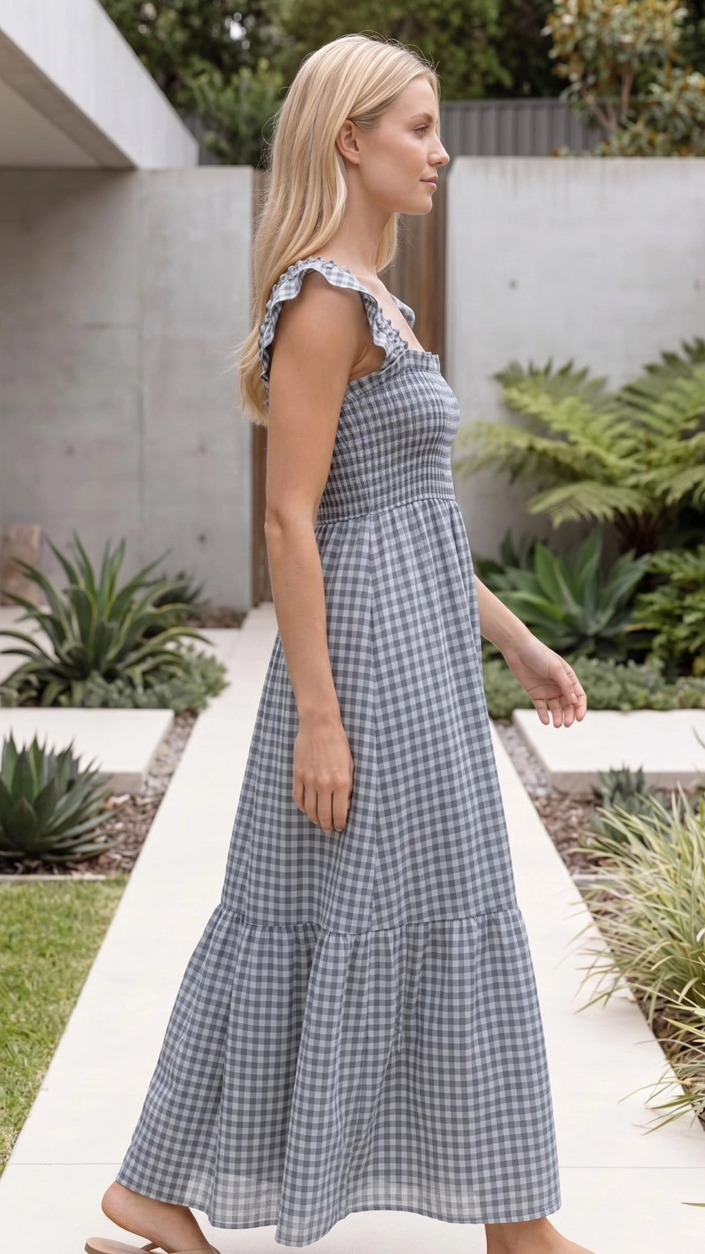Women’s Square Neck Smocked Gingham Ruffle Sleeve A Line Maxi Dress