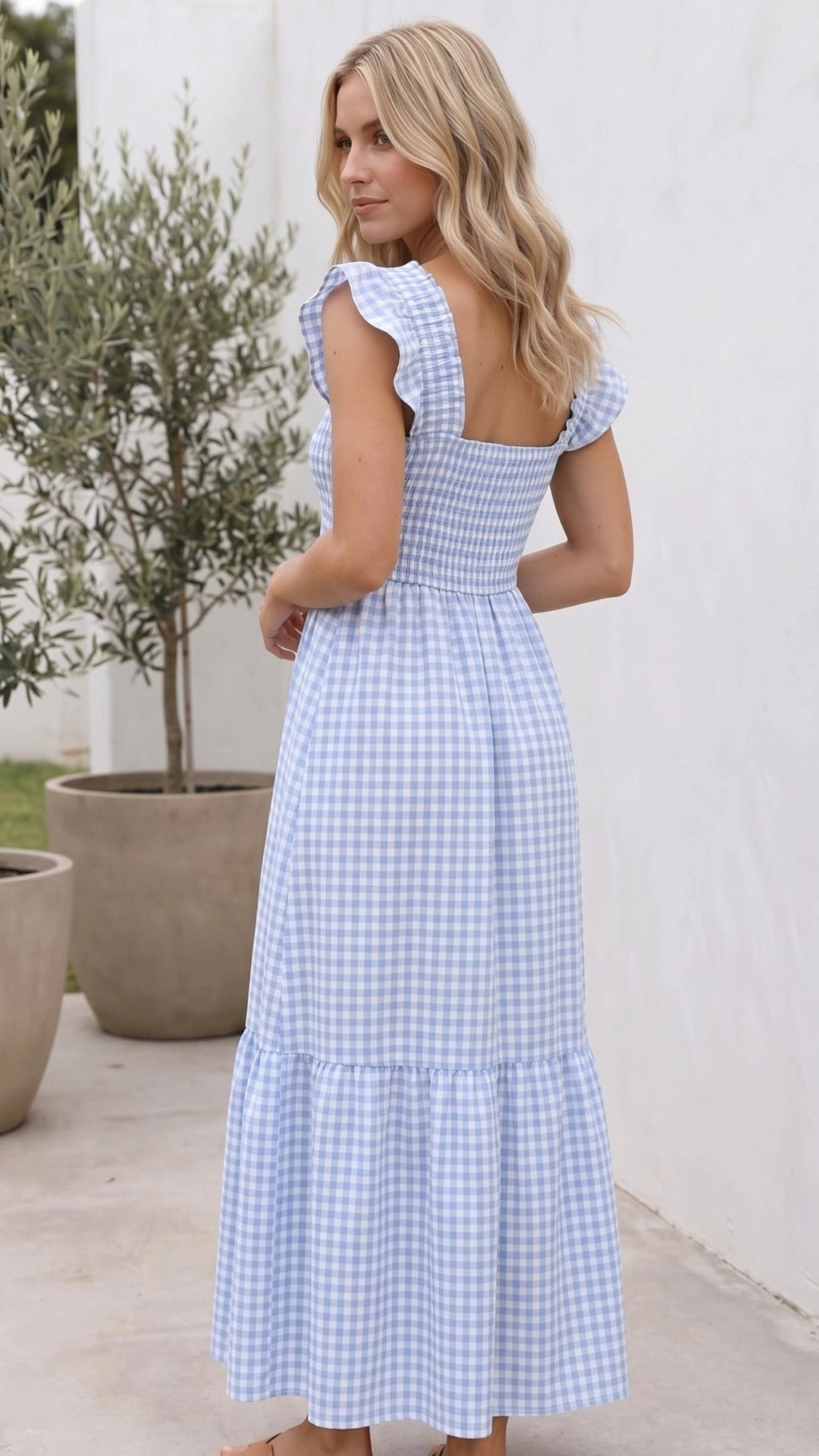 Women’s Square Neck Smocked Gingham Ruffle Sleeve A Line Maxi Dress
