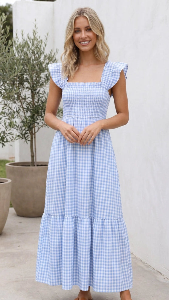Women’s Square Neck Smocked Gingham Ruffle Sleeve A Line Maxi Dress